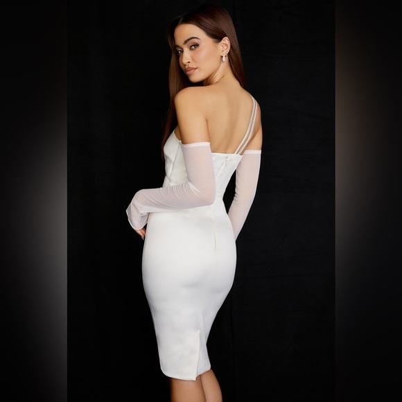 House of CB Loulou Ivory Satin Cutout Midi Dress White Embellished - Picture 2 of 6